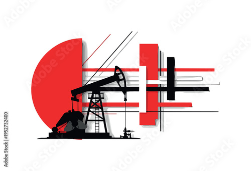 Monochrome oil pumpjack silhouette centered in composition, intersected by a large red semicircle and abstract rectangular blocks referencing
