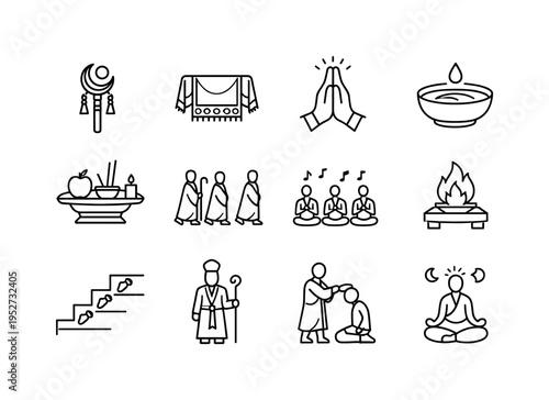 Ritual Ceremony. Line icon set of Ritual Ceremony: ceremonial staff, sacred cloth, ritual gesture, holy water bowl, symbolic offering, ceremonial procession,