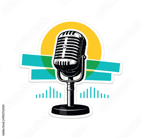 Black and white classic broadcast microphone in frontal view, crisp cut-out layering with white outline, bright yellow circle halo behind the grille, turquoise