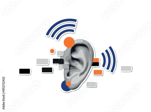 A monochrome human ear combined with abstract Wi-Fi signal arcs and circular forms, rectangular data blocks floating rhythmically, retro cut-out layering with