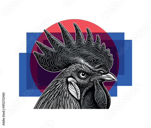 Black and white macro texture of rooster comb with visible folds and shadows, large crimson circular halo emphasizing depth, cobalt blue rectangular panels