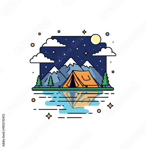 Night sky camping at mountain lake illustrated by a small tent under star filled sky reflected in still water, expressing wonder and peaceful solitude. The