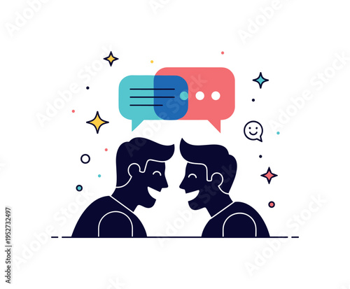 Shared laughter moment two silhouettes leaning slightly toward each other with overlapping speech bubbles and small star icons. A lively editorial illustration