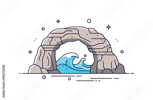 Sea arches and rocky formations shown through a simplified coastal rock arch with gentle wave curves passing beneath it. The badge-style composition highlights