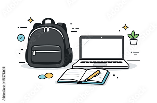 Work bag. A modern backpack placed near a laptop and notebook, representing organized daily routine. Calm professional atmosphere with minimal abstract
