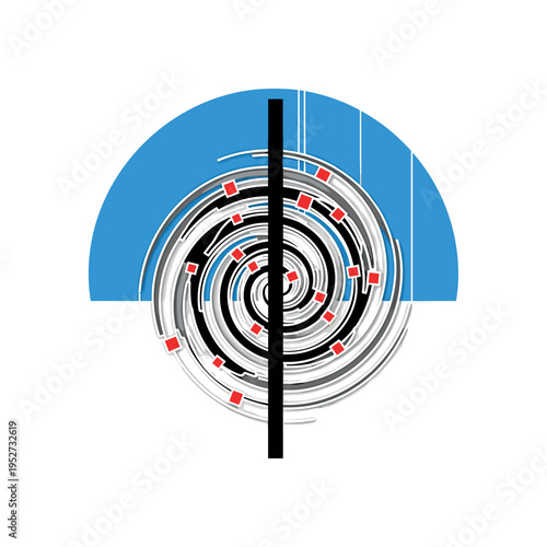 Realistic monochrome barred spiral galaxy with distinct central bar structure, highlighted by a blue semicircle positioned behind and small red square accents