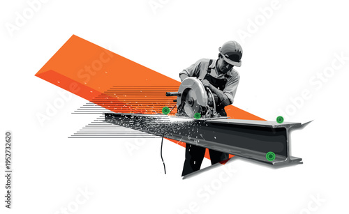 Black and white retro construction scene with a worker operating a circular saw on steel beams, oversized orange geometric block slicing diagonally across