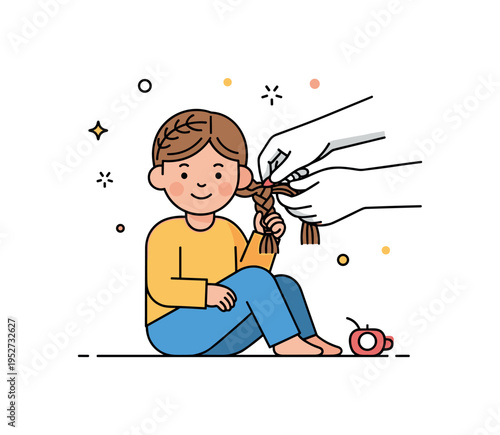 Child hair braiding moment portraying a seated child with a partially finished braid and a gentle hand arranging the strands. The illustration reflects warmth,