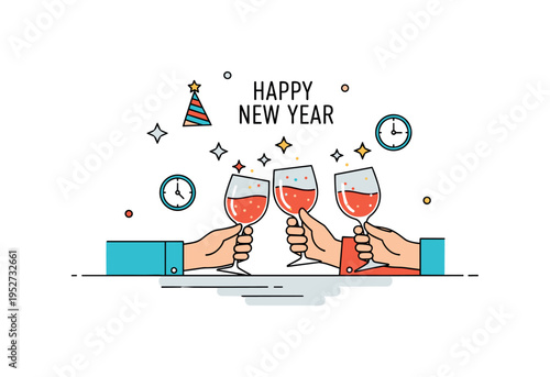 New year party moment illustrated by friends holding sparkling glasses with tiny star and clock icons suggesting countdown and fresh start. The compact badge