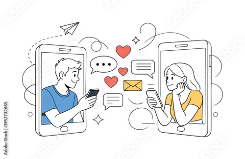 Dating in the digital age. Two people chatting through smartphones, heart icons and message bubbles floating between screens. Scene shows connection,
