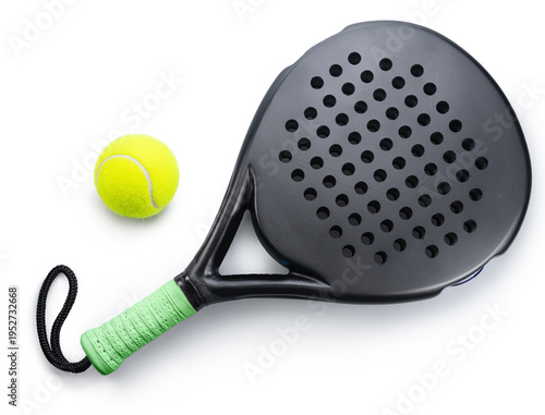 Black padel racket with a green grip and yellow balls for padel isolated on a white background.