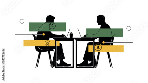 A monochrome side view of two people working at shared desks, silhouettes intersected by abstract rectangular blocks and circular icons symbolizing
