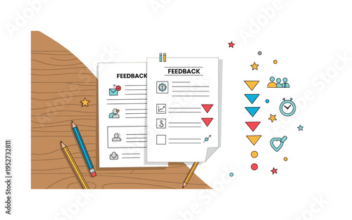 Paper feedback forms with neatly arranged sections, icons, and visual markers, placed on a wooden desk with pencils, highlighting clarity, usability, and