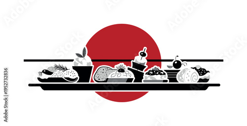 Black and white assortment of elegant appetizers arranged on a serving tray, bold deep red geometric circle behind symbolizing rich flavor, thin horizontal