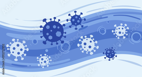 Abstract Blue Coronavirus Particles Floating in Flowing Waves, Microbe Concept