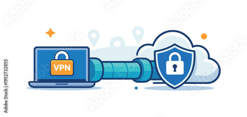VPN secure connection a laptop connected to a cloud shield through a protected tunnel line while small location pins fade behind it, representing private