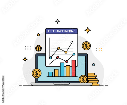 Freelance income tracking scene centered on a simple chart rising from a laptop screen with small coin icons nearby. The composition reflects financial