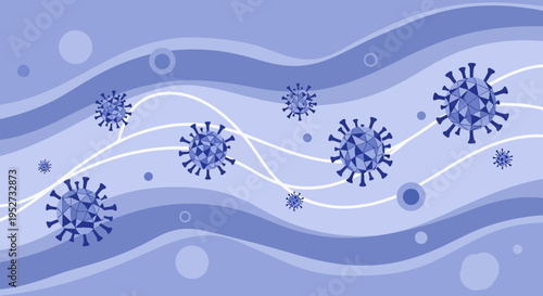 Abstract Blue Coronavirus Particles on Wavy Background with Bubbles