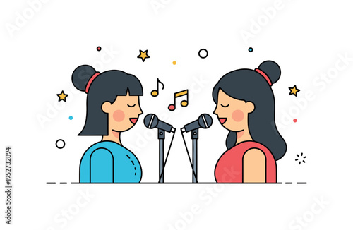 Duet performance theme illustrated by two simplified singers facing each other with a shared microphone and small musical note details, expressing harmony and