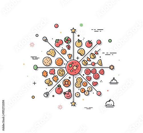 Festive party platter featuring colorful finger foods radiating from the center like a sunburst, conveying joy, abundance, and lively celebration. A playful