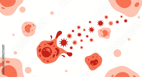 Abstract illustration of immune cells attacking virus particles, science concept