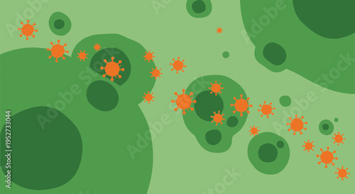 Abstract virus particles spreading on green background, microscopic view, pandemic concept