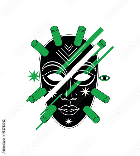 A realistic monochrome mask inspired by traditional ritual art, combined with green cylindrical accents and diagonal lines expressing transformation into