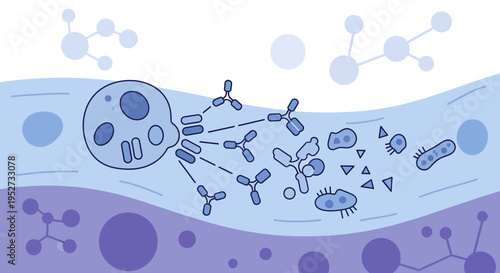 Antibodies attacking bacteria and viruses, immune system defense, medical illustration