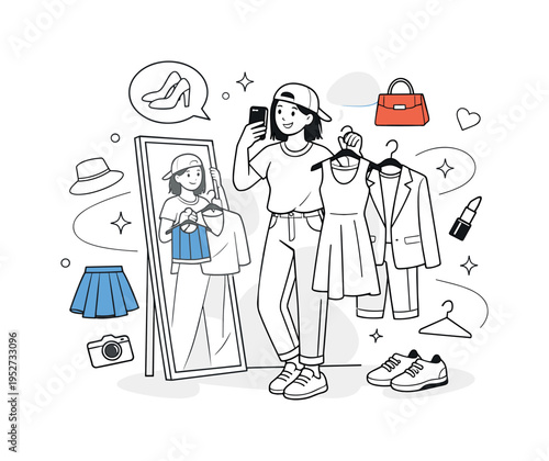 Outfit Of The Day. Fashion blogger standing in front of a tall mirror choosing between two stylish outfits, holding a hanger while checking the phone camera