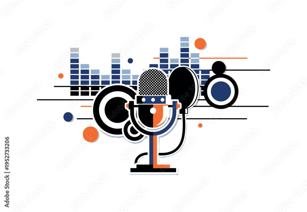 Obraz premium Black and white recording booth scene simplified into geometric shapes, microphone on stand as focal point, bold equalizer bars and circular forms floating