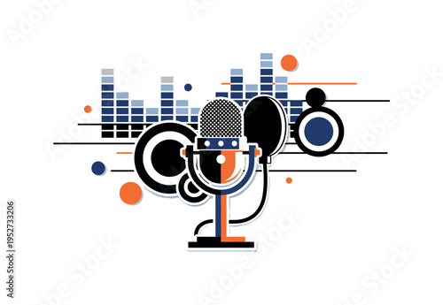 Black and white recording booth scene simplified into geometric shapes, microphone on stand as focal point, bold equalizer bars and circular forms floating