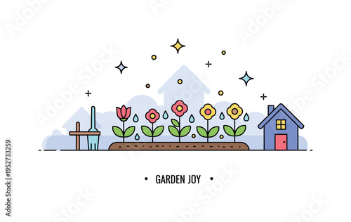 Flower bed care at the summerhouse centered on a blooming row of plants with small water droplets and a cottage silhouette framing the scene. A subtle ?Garden