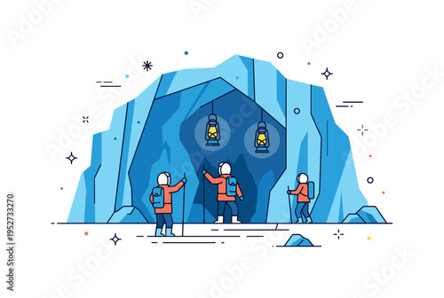 Exploring an Antarctic cave of blue ice with explorers shining lanterns, creating a mysterious and adventurous atmosphere in a remote icy world. Minimalist