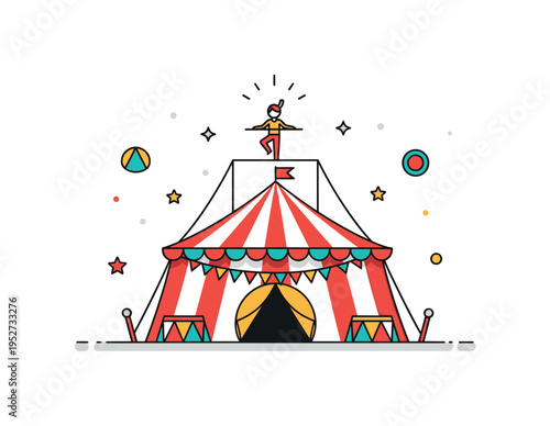 Circus festival scene compact tent shape with a small tightrope stretched across the entrance and a performer balancing above, expressing entertainment,