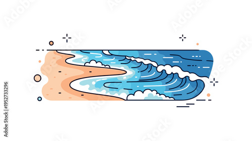 Glowing ocean shoreline waves rolling onto sand with bright bioluminescent foam forming a soft luminous edge along the coast. A small concept badge expressing