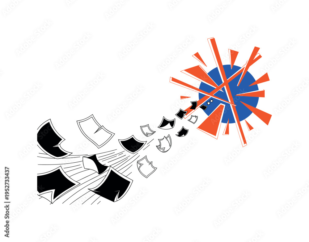 Obraz premium Black and white paper sheets flying upward in swirling wind, bold cobalt blue sun disc behind intersected by orange geometric blocks representing chaotic