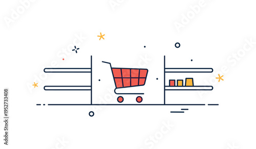 Supermarket aisle concept small shopping cart silhouette placed between two simple shelf outlines, conveying in store navigation and consumer experience.