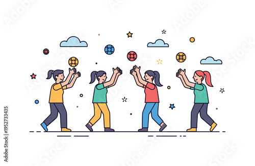 Friends playing catch and tossing balls in a playground field, illustrating coordination, teamwork, and carefree enjoyment of outdoor games. Minimalist flat