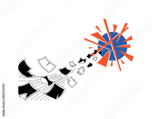 Black and white paper sheets flying upward in swirling wind, bold cobalt blue sun disc behind intersected by orange geometric blocks representing chaotic