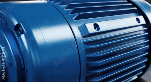 Close up view captures the cooling fins on a powerfully constructed electric machine housing