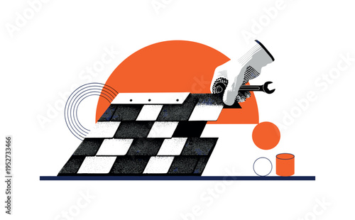 Black and white close-up of rod-shaped microbe cluster arranged diagonally, bold blue vertical stripe dividing composition, red circular accent overlapping the