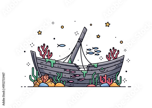 Ancient wreck discovery old wooden hull covered with coral and tiny fish swimming around, expressing time passage and marine ecosystem reclaiming history.