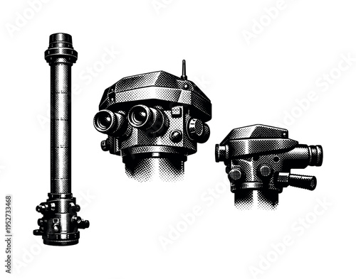 Naval submarine periscope. A naval-grade submarine periscope represented as one object in three distinct views emphasizing cylindrical structure, viewing head