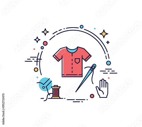 Creative wardrobe transformation concept badge T shirt icon combined with needle and thread inside a circular frame, capturing DIY spirit, originality, and