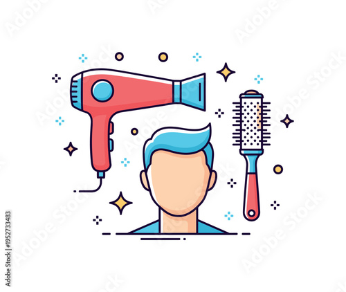 Hair styling and grooming scene featuring a blow dryer and styling brush arranged around a clean male profile symbolizing care and attention to detail. Subtle