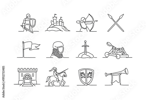 Medieval Battlefield Scene. Minimalistic set one-line drawing [knight with shield, castle on hill, longbow archer, crossed spears, medieval banner flag,