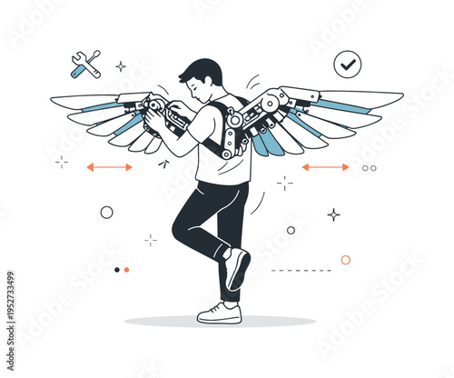 Mechanical wings and human balance. A person calmly adjusting mechanical wings attached to their back, careful posture and controlled preparation. Subtle