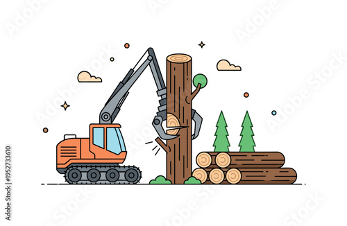 Timber harvesting with heavy machinery illustrated through a simplified forestry harvester gripping a tree trunk with clean cut marks and stacked logs beside