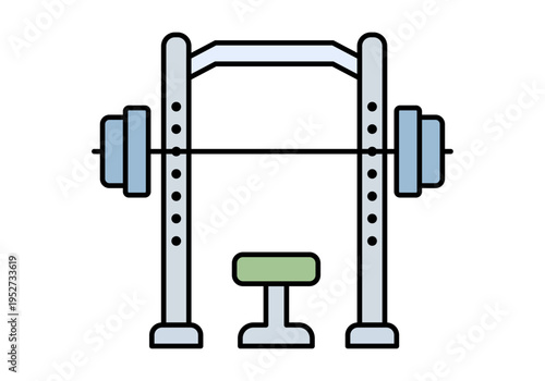 Icono lineal de un rack de potencia con barra de pesas y banco de musculación para gimnasio