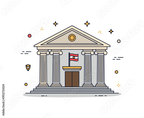 Government institutions civic building with classical columns and a small national flag centered above the entrance, symbolizing authority and public service.